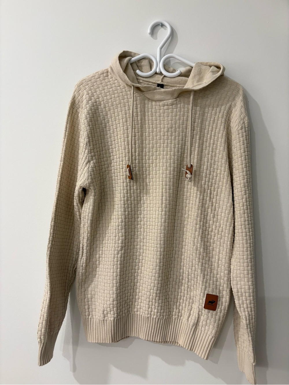Men's Cream Textured Knit Hoodie Sweater